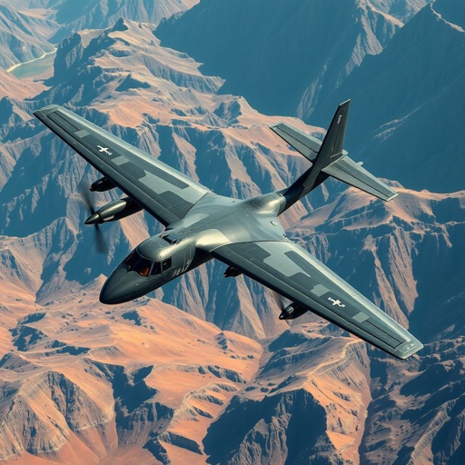 A modern military turboprop aircraft, sleek and formidable, hovers over a rugged mountainous landscape. The shoulder trapezoidal wing stretches wide, sharp angles highlighting stealth-optimized surfaces adorned with fractal geometry. Distinctive X-tail adds to aerodynamic prowess. Camouflage paint blends seamlessly into the terrain. Advanced sensors and EW pods accentuate the wingtips. Twin .50 cal gun nestles beneath the elongated fuselage, ready for action. Six weapon pylons, purpose-built for combat versatility, flank the wings, a symbol of military might in a cinematic setting.