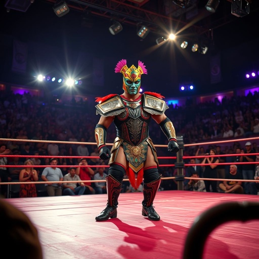 A vibrant wrestling ring, illuminated under bright lights. Spectators, electrified with excitement, create a lively atmosphere. A hero wrestler, adorned in a striking, colorful mask, showcases an elaborate costume, blending armor and tradition. The mat bears the scuffs of battle, and a spotlight shines on the wrestler preparing a dramatic DDT move.