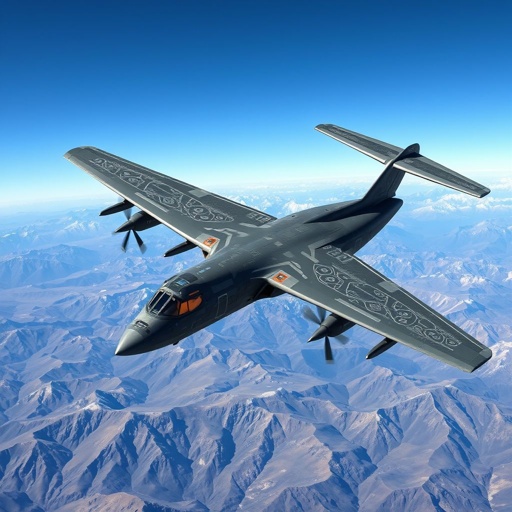 A modern military turboprop aircraft, sleek and formidable, showcasing a shoulder trapezoidal wing and an X-tail design. An elongated fuselage paired with stealth-optimized surfaces adorned with intricate fractal geometry. Integrated EW pods at wingtips, weapon pylons, and advanced sensor pods present. A rugged military camouflage color scheme set against expansive mountainous terrain, clear blue skies above.