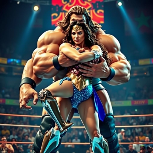 A colossal figure, muscle-bound and imposing, encasing Wonder Woman in a forceful bearhug. Bright, spangled wrestling attire glimmers under arena lights, contrasting with Wonder Woman’s iconic armor. Expressions of determination and resilience, audience in awe. Colorful banners surround the ring, electrifying atmosphere, heroic energy. Captivating, fierce, a dramatic showdown of strength.