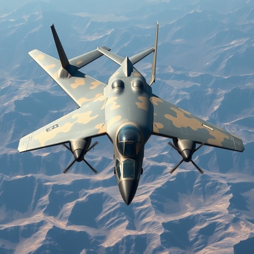 A modern military turboprop aircraft, sleek silhouette adorned with military camouflage patterns. Shoulder trapezoidal wings stretch wide, X-tail rising elegantly. Elongated fuselage houses twin cockpit seats. Stealth-optimized surfaces glimmer, fractal geometry enhancing visual complexity. EW pods crowned at wingtips, weapon pylons showcasing readiness, central twin .50 cal gun poised beneath, mountainous terrain below.