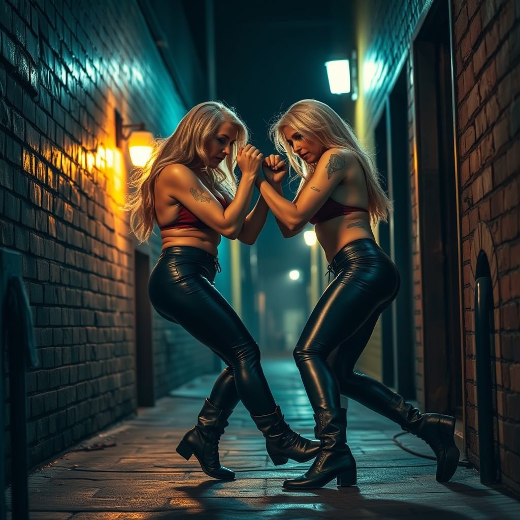 A dimly lit alley, the air thick with tension. Two rival, busty blonde women, ages etched with fierce determination. Latex leggings clinging tightly, glistening under flickering streetlights. Sturdy leather boots, scuffed and worn, poised for combat. Expressions twisted in intense rivalry, eyes ablaze. Chaos of limbs, fierce grappling, desperation palpable.