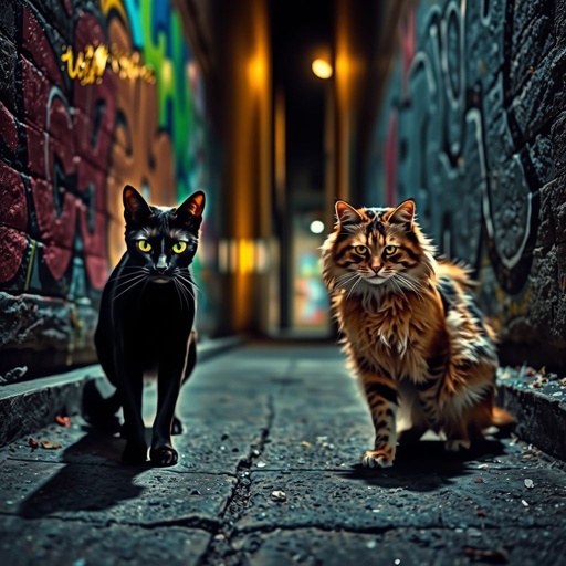 A dimly lit alleyway, graffiti-covered walls adorned with vibrant colors. Two fierce cats, fur bristling, poised on opposing sides. One, sleek and black with piercing green eyes; the other, a fluffy calico with striking orange patches. Scratched pavement beneath, scattered bits of litter, tension palpable, shadows dancing in the moonlight.