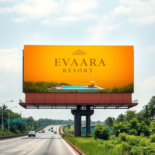 A towering billboard displays the elegant logo of Evaara Resort in radiant gold. Minimalist design emphasizes warm hues—deep oranges, soft yellows. The uncomplicated font exudes luxury and sophistication. A serene image of the resort's picturesque pool, surrounded by lush greenery, invites weary travelers along the highway to discover paradise.