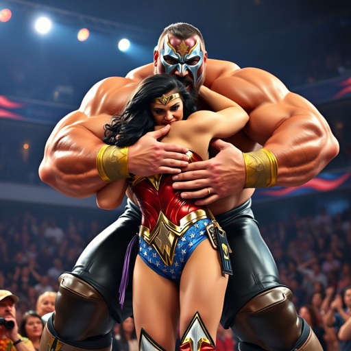 A colossal wrestler enveloping Wonder Woman in a fierce bearhug, powerful muscles flexed. Brilliantly designed costumes shimmer under bright arena lights. Colorful masks adorn the wrestlers, emblematic of their unique personas. The audience, captivated, erupts in cheers. A vibrant atmosphere pulsates, embodying thrilling intensity and the spirit of heroic rivalry.