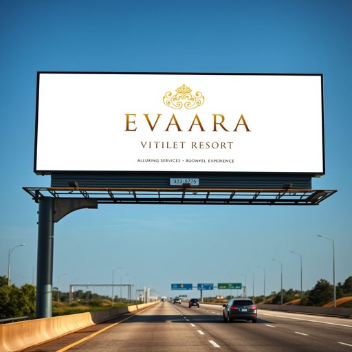 A majestic billboard displays the elegant, golden logo of Evaara Resort against a minimalist backdrop. Soft white space enhances the luxurious allure, inviting tourists to unwind. The refined, minimalist font showcases alluring services, creating a sense of tranquility. Positioned strategically along a bustling highway, its presence captivates passersby, enticing unforgettable experiences.