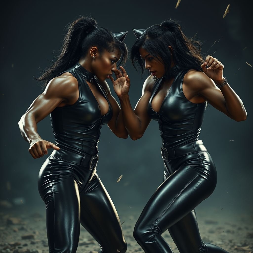 Intense catfight scene, two rival ebony women in sleek, form-fitting leather jumpsuits. Muscles tense, fierce expressions, determined glares, powerful figures clashing. Dark, moody atmosphere, flashes of anger sparkling in their eyes. Stray hair, leather textures glimmering, scattered debris surrounding. Competitive spirit, palpable tension, echoes of a bitter rivalry, a fierce showdown.