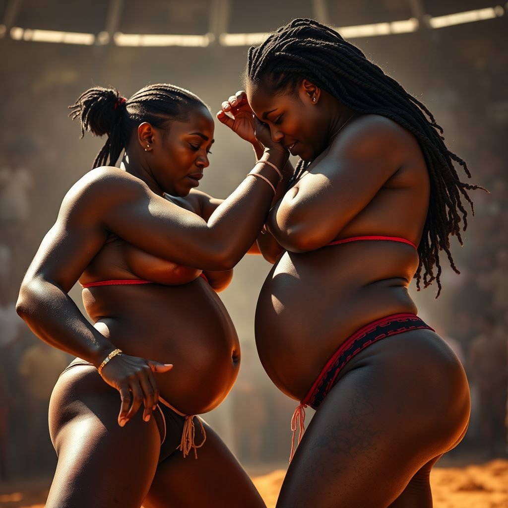 A fiery scene unfolds in a sun-drenched arena. Two rival pregnant women, their ebony skin glistening, engage in an intense grapple. Thongs clinging tightly, rich curves accentuated, expressions fierce with determination. The air thick with tension, muscles strain and bellies clash, embodying raw strength and an undeniable, primal rivalry.