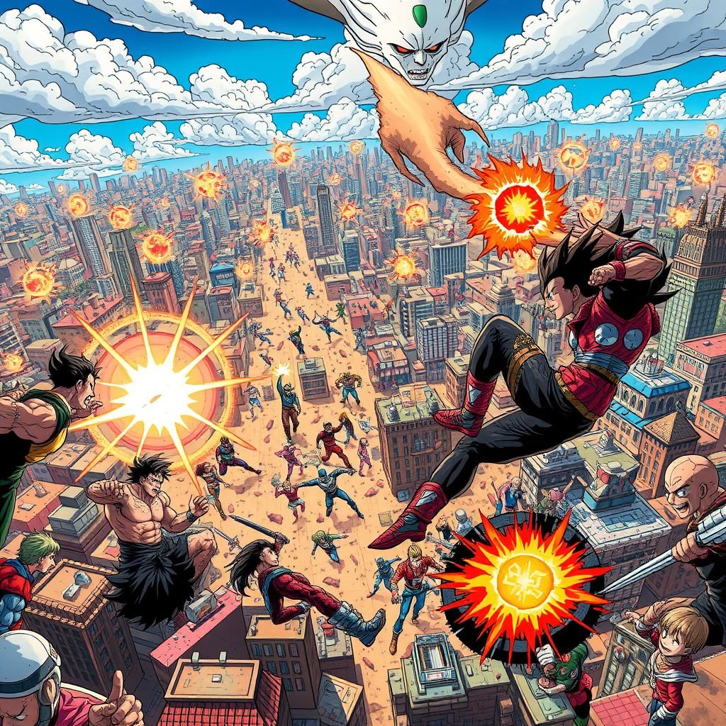 A vast, chaotic battlefield stretching across a vibrant cityscape. Comic characters, muscles defined, bold colors, dynamic poses, clashing against manga characters, intricate designs, flowing hair, expressive eyes. Dust clouds rise, energy blasts illuminating the scene, exaggerated expressions of determination and intensity. Captivating action, epic clash of universes, a fusion of styles.