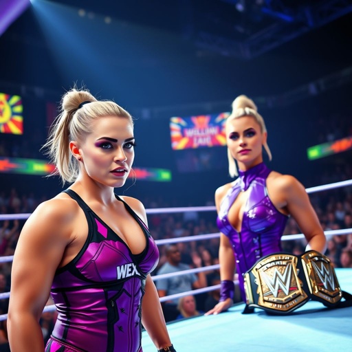 A vibrant wrestling ring, bright spotlight illuminating the scene. Alexa Bliss, fierce determination reflected in her eyes, hair tied back neatly. Opponent Sasha Banks, poised and confident, signature purple gear glistening. Crowd roaring, colorful banners waving. Canvas adorned with scuff marks, excitement palpable. Championship belts glinting nearby, ready for victory.