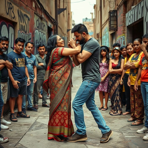 A wrestling match unfolds in a gritty street setting. A woman in vibrant traditional attire, adorned with intricate patterns, stands confidently. The husband, dressed in casual 2020s attire, appears surprised. Bystanders, with varied expressions of shock and excitement, encircle the scene. Graffiti-covered walls create a raw, urban atmosphere.