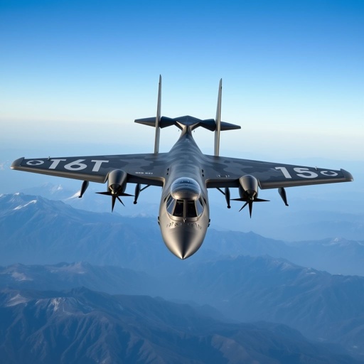 A sophisticated military turboprop aircraft, sleek design showcasing a shoulder trapezoidal wing and X-tail. Elongated fuselage with twin-seat cockpit, stealth-optimized fractal geometry surfaces. EW pods at wingtips. Central .50 cal gun under fuselage. Six weapon pylons, advanced sensor pods. Mountainous terrain below, clear blue skies, military camouflage color scheme.