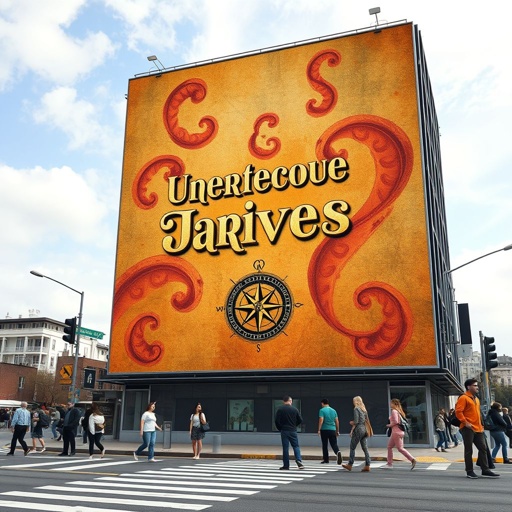 A towering billboard, vibrant yet earthy, adorned with swirling patterns of ochre and moss green. A nostalgic font whispers memories of bygone travels. Tourists pause at the crosswalk, captivated. Surreal designs blend reality and dream, inviting exploration. Branding image features a whimsical compass, guiding wanderers through enchanting landscapes.