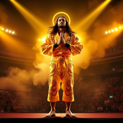 A pro wrestling arena, vibrant and electric. A muscular figure, “Jesus Karate,” stands poised. Glowing golden karate gi adorned with intricate dragon embroidery and cross symbols. Barefoot, taped wrists, shin guards. Flowing hair frames a serene, intense face, hands in prayer position. A halo formed by spotlight, roaring crowd surrounding, dramatic fog swirling.