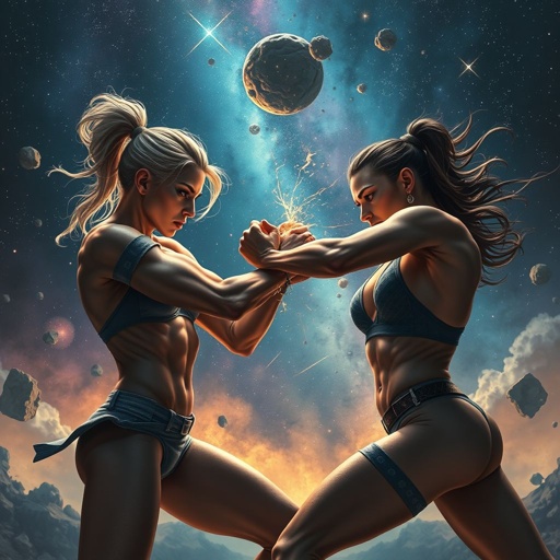 A cosmic arena, stars twinkling in the backdrop. Two fierce women, athletic builds, engaged in an intense hand-to-hand battle. Skin glowing under the nebula's light, wisps of color swirling around them. Determination etched on their faces, vibrant energy crackling in the atmosphere. Floating asteroids, ethereal silence, tension palpable between competitors.