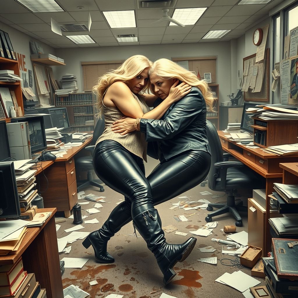 A chaotic office scene, cluttered desks and scattered papers. Two rival, busty blonde old women, fierce expressions, tangled in a grappling embrace. Latex leggings glise against each other, leather boots prominently displayed. Splotches of coffee and knocked-over office supplies accentuate the angry atmosphere. A sense of impending doom fills the air.