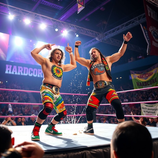 A vibrant wrestling ring illuminated under bright lights, a dynamic Lucha Libre atmosphere. Landon and Blake Christian, wearing colorful street clothes, exhibit high-energy poses. Surrounding them, a cheering crowd, banners waving. The iconic Hardcore Championship belts gleam. An imminent Frog Splash, showcasing athleticism and intensity, captured in a moment of raw excitement.