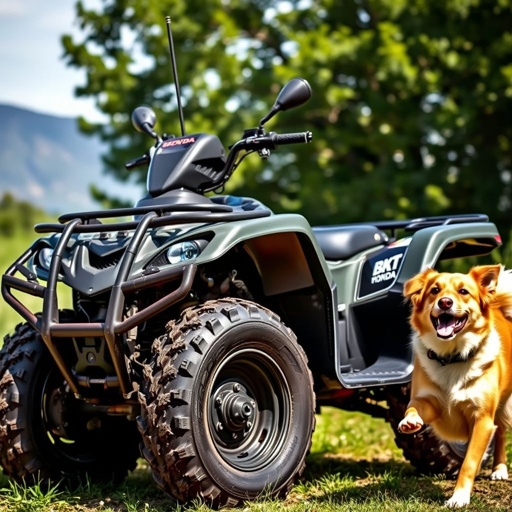 A rugged Honda ATV, equipped with a distinctive snorkel and a tall antenna, dominates the scene. The vehicle's BKT tires, wide and tready, promise rugged terrain conquerability. Beside it, a playful dog, fur glistening in the sun, exudes excitement, framed by lush greenery and a hint of distant mountains.
