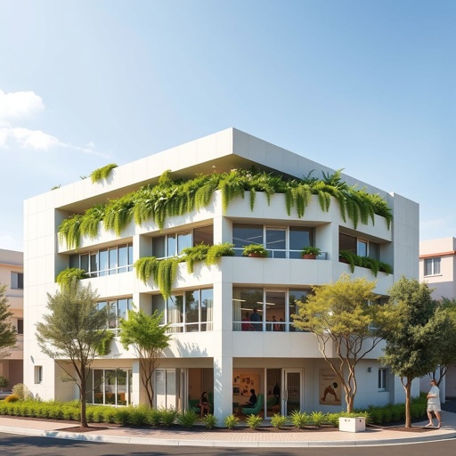A modern healthcare facility in Assosa Town, showcasing a G+3 structure with clean lines and a flat roof, crafted from durable concrete. The design emphasizes sustainability, integrating lush greenery into the urban landscape, promoting low carbon impact. Bright, welcoming facade, large windows, dedicated spaces for maternal and adolescent care, open training areas.