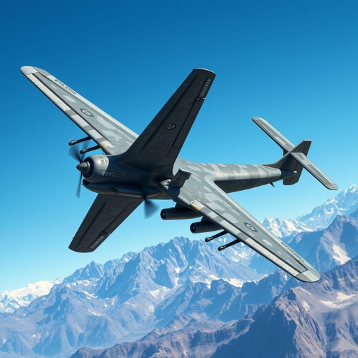 Aircraft, a modern military turboprop in mid-flight. Shoulder trapezoidal wings, sleek X-tail, elongated fuselage. Twin cockpit. Stealthy surfaces adorned with fractal patterns. Wingtips housing EW pods. Central twin .50 cal gun beneath. Six weapon pylons, advanced sensor pods. Rugged military camouflage. Dramatic mountainous backdrop. Clear blue skies, epic cinematic atmosphere.