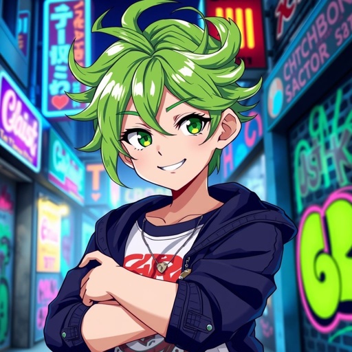 Anime boy with vibrant green hair, styled in playful curls cascading over his forehead. Striking green eyes, sparkling with mischief. Dressed in a trendy urban outfit featuring a graphic tee and stylish jacket. Urban street backdrop with graffiti art and neon signs. Cool demeanor captured in a confident crossed arms pose, bright smile illuminating the scene.