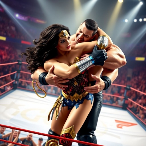 A massive wrestler, muscles rippling, his face a mask of intensity, envelops Wonder Woman in a tight, brutal bearhug. Golden lasso glimmering, her iconic armor shines, contrasting against his dark, fierce attire. The vibrant wrestling ring, filled with roaring fans, exudes an electrifying atmosphere, showcasing the clash of heroes and titans.