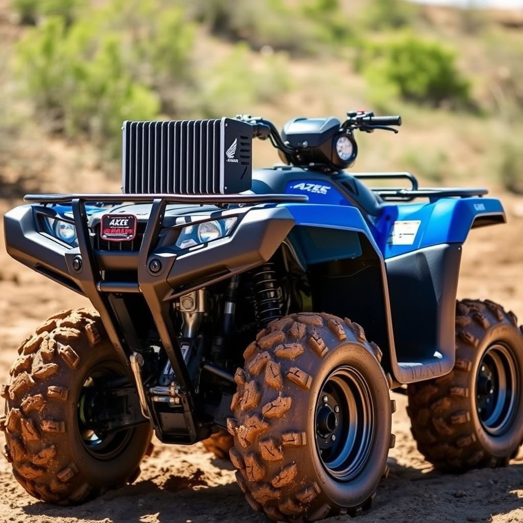 A rugged blue Honda Foreman Rubicon 520, gleaming in sunlight. Equipped with a robust radiator kit, a prominent snorkel proudly rises. Massive 32-inch Aztec wheels, deep-treaded for mud, dominate the landscape. Glossy body reflecting splashes of mud. Off-road adventure essence captured, showcasing the ultimate 4X4 ATV ready for exploration.