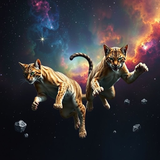 Two fierce felines, sleek and agile, suspended in a cosmic void. Stars twinkling in the backdrop, a vibrant nebula casting colorful hues. Claws poised, eyes narrowed, fur bristled. Weightlessness emphasizing every movement, powerful muscles defined. Metallic asteroids floating nearby, silence enveloping the scene. An intensity that sparks the dark canvas of space.