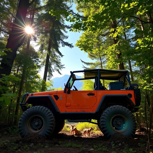 A rugged all-terrain vehicle, vibrant orange color, tires caked in mud, surrounded by dense green foliage. Sunlight filtering through tall trees, casting dappled shadows on the ground. A distant mountain range looms under a clear blue sky, creating a sense of adventure and exploration. Glimpse of wildlife in the underbrush.