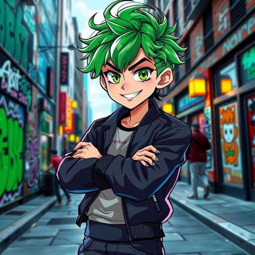 Anime boy with vibrant green hair, tousled curls framing a lively face. Bright green eyes sparkle with mischief, dressed in a sleek, modern outfit featuring a stylish bomber jacket and trendy sneakers. Urban backdrop of graffiti walls and bustling streets enhances the scene, exuding cool confidence, arms crossed, and a joyful grin.